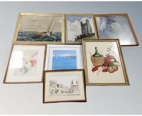Seven assorted pictures, C. Bruce oil on board sailing boat, Picasso print, watercolour of flowers etc 