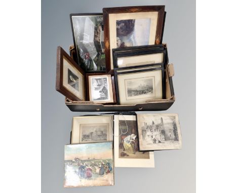 A box containing antiquarian and later pictures and prints including black and white etchings of Newcastle, oil on canvas dep