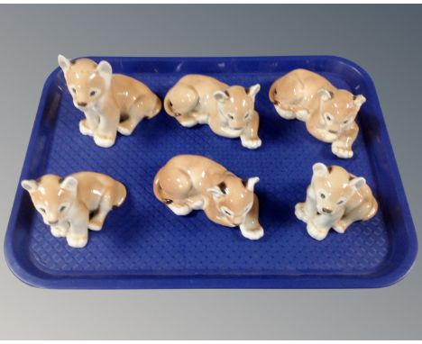 Six Russian Lomonosov ceramic lion cub figures 