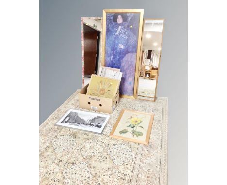 A machine made rug of Persian design together with a box containing assorted pictures, needlework panel, oil on canvas, hall 