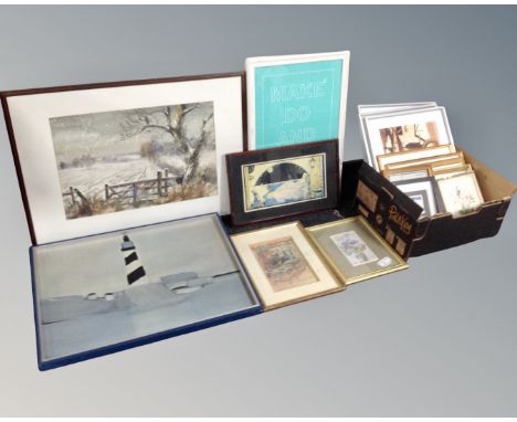 A quantity of assorted pictures and prints to include engravings of Newcastle, monochrome photographs of aeroplanes, 1970's p