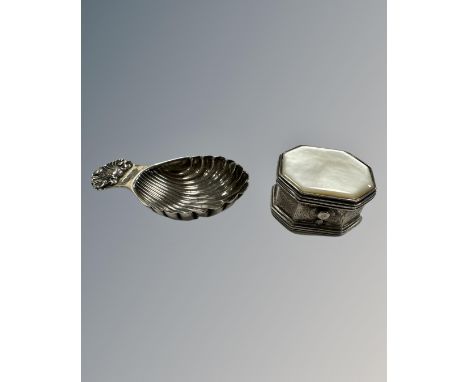 A silver mother of pearl box and a silver caddy spoon 