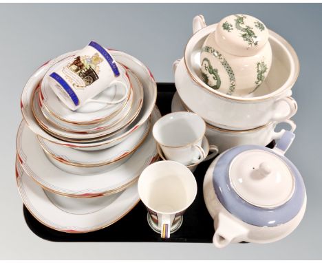 A tray containing Noritake Equator tea and dinner china together with a Ringtons mug, an Art Deco mug, Masons lidded ginger j
