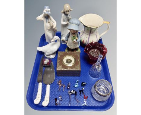 A tray of miscellany to include Nao and other Spanish figures, Green and Co Ltd Art Deco jug, miniature glass animal figures,