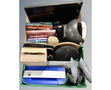 Two boxes containing an Acer monitor, Sega Saturn game, die cast vehicle, dragon mantel clock, HP Deskjet printer with instru