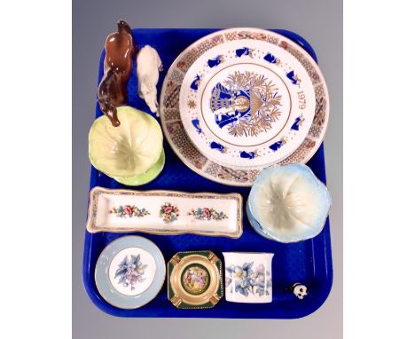 A tray containing assorted ceramics including Royal Doulton horse, Spode Christmas plates, Maling sundae dishes, Royal Worces