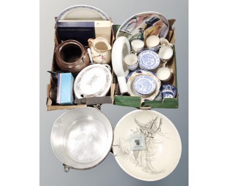 Two boxes containing antique and later ceramics including wash bowl, tureen with lid, glazed crock pot, bed pan, blue and whi