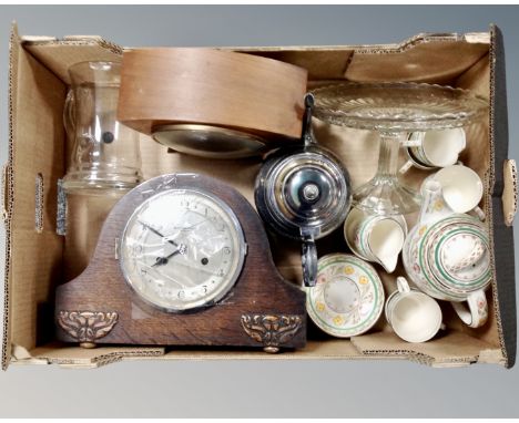 A box of two 20th century mantel clocks (a/f), glass comport, plated teapot etc 