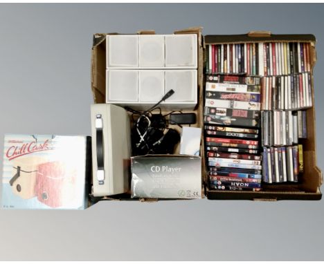 Two boxes of CD's, DVD's, cassette and VHS tapes, cased typewriter, Bang &amp; Olufsen Beovox CX100 speakers, CD player etc 