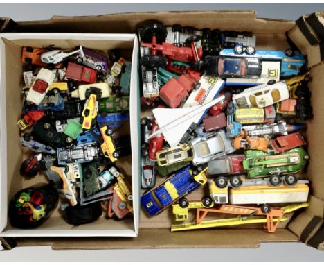 A box of vintage play-worn die cast vehicles including Dinky, Matchbox etc