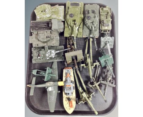 A tray of mainly 20th century Dinky toys, die cast vehicles and field cannons 