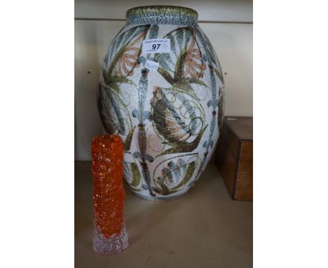 A Denby Glen College large vase, having floral decoration together with a Whitefriars finger vase in a tangerine colourway.