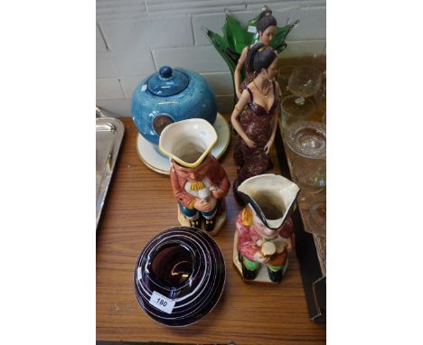 A mixed lot of assorted ceramics and glassware to include an amethyst glass vase having milk glass applied decoration, Murano