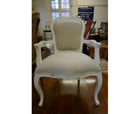 A good quality reproduction Marie Antoinette style armchair upholstered in a grey fabric seat and back cushion.