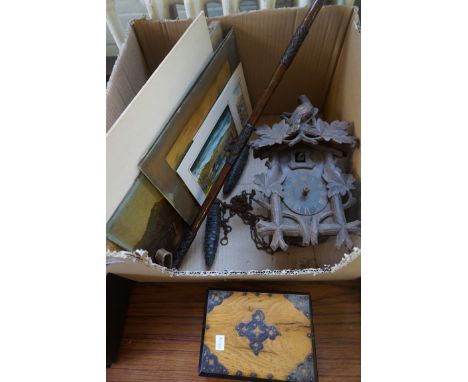 A vintage Black Forest cuckoo wall clock, together with a vintage riding crop, oil on canvas, etc.