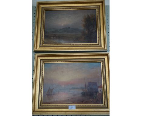A pair of mongrammed oils on board, the first depicting sailing vessels in sunset, the second depicting figures in landscape 