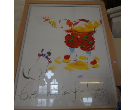 Jade Sullen pencil signed print depicting a clown and a dog in vibrant colours, no 206/250