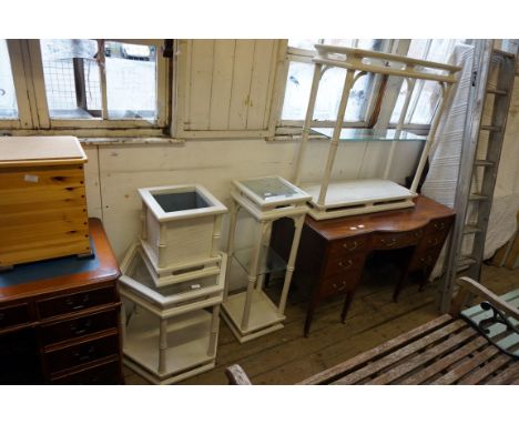 Four pieces of shabby chic furniture to include a glass top console table, glass topped jardiniere stand, glass topped hexago