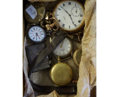 A gold plated manual wind pocket watch, together with, a small silver pocket watch, a gold plated and monogrammed locket, wit