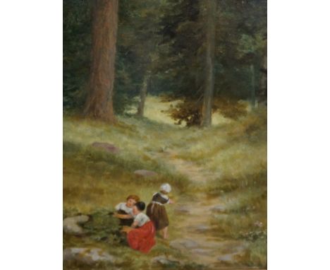 Oil on canvas depicting children playing in landscape.