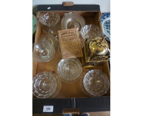 A brass Smiths mantel clock together with assorted glassware.