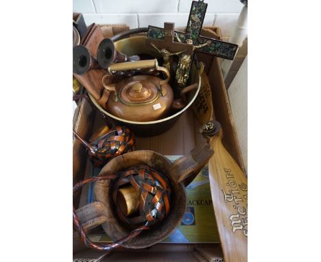 A mixed lot to include a wooden propellor marked Bans Stretton 1946-1959, together with brass jam pan, copper kettle, oak bar
