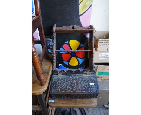 A late 18th/19th Century oak hanging salt box, in rectangular form having carved decoration, together with an early 20th Cent