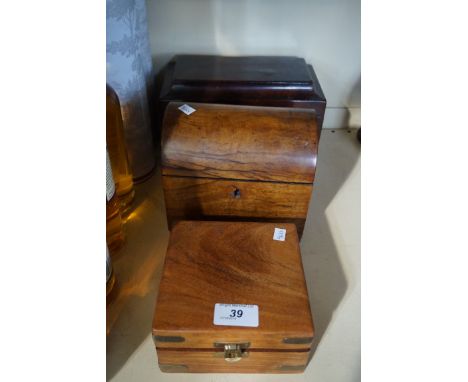 George III mahogany tea caddy of rectangular form, together with a Victorian arch topped musical tea caddy and a modern ships
