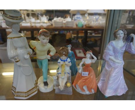 A mixed group of six figurines to include three Coalport examples, a Spode example of a lady playing tennis and two Royal Wor
