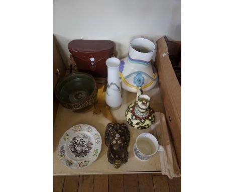 A 19th Century Pearlware plate by Wedgwood, a brass lion head door knocker, Chameleon ware vase, etc.