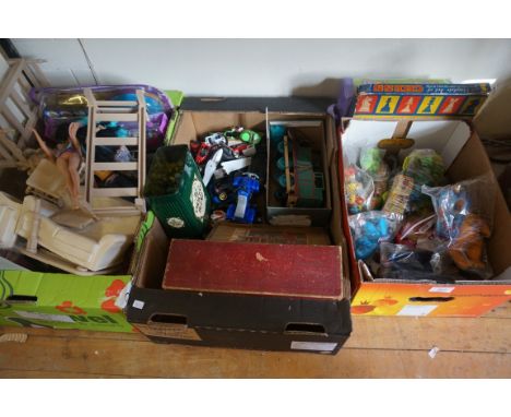 Three boxes of assorted childrens toys to include Thomas the Tank Engine, dolls furniture, dolls, etc.