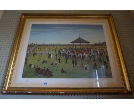 A signed limited edition Tom Dodson print, no 569/850, depicting a town park scene with bandstand, framed and glazed.