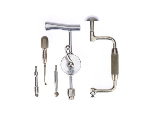 Vintage Surgical Drills, including a Hudsons Bracewith a drill bit and a spherical bur, and a surgical hand drill and hand bu