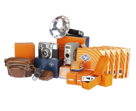 A Collection of Agfa Photographica including an Agfa Silette-L 35mm viewfinder camera with ever ready case and boxes, a Movex