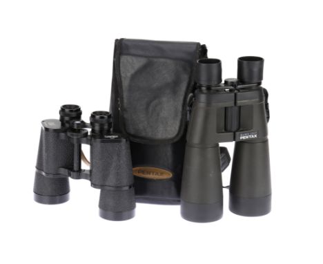 Two Pairs of Binoculars, to include a pair of Pentax 9x63 DCF binoculars, body G, optics P-VG, one side VG, with some light d