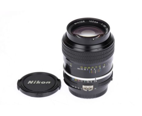 A Nikon Ai Nikkor f/2.5 105mm Lens, black, serial no. 707130, body, VG-E, elements, VG, some very light internal haze