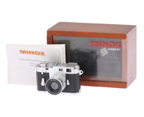 A Minox Digital Classic Camera Leica M3 2.1 with Minoctar 9.6mm digital lens, powers up when battery inserted, not otherwise 