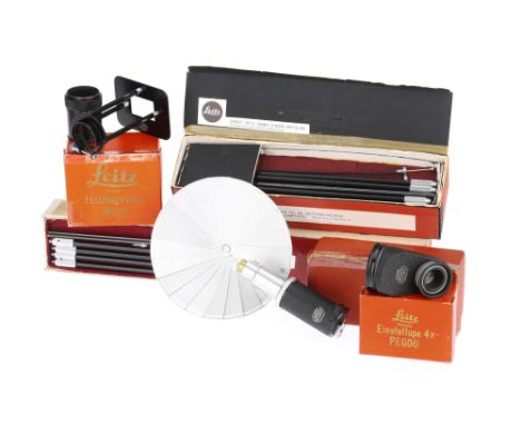 A Selection of Leitz Accessories, to include a PEGOO, boxed, optics P, some speckling present, also with a Leitz BELUN, boxed