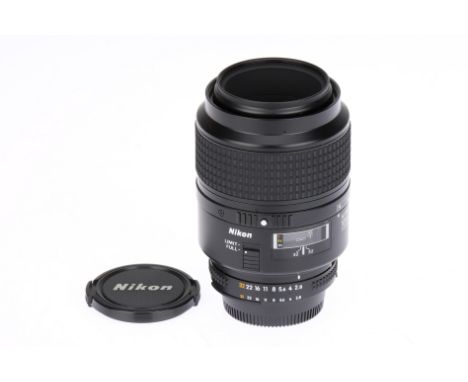 A Nikon AF Micro Nikkor D f/2.8 105mm Lens, black, serial no. 3402558, body, VG-E, elements, VG, some very light internal haz