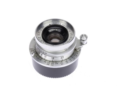 A Leitz Summaron f/3.5 35mm Lens, Leica screw mount, chrome, serial no. 1019806, body, VG, elements, G-VG, some light interna