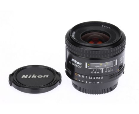 A Nikon AF Nikkor f/2 35mm Lens, black, serial no. 223526, body, VG-E, elements, VG-E, some very light internal haze