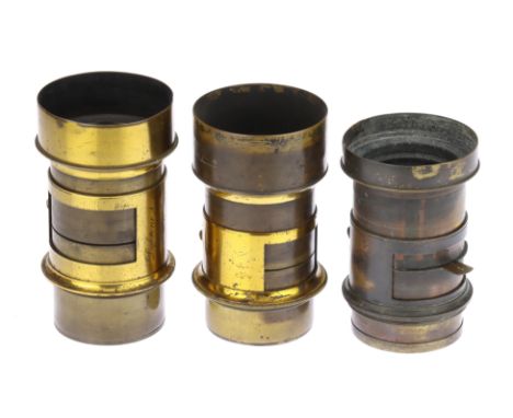 Three Brass Camera Lenses, to include a lens marked "Dubroni's Patent London", body G, rack &amp; pinion teeth skip, Waterhou
