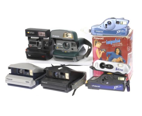 A Tray of Polaroid Instant Cameras with Electronic Flash comprising a Sun 650 camera, a One Step Express camera, an Impulse c
