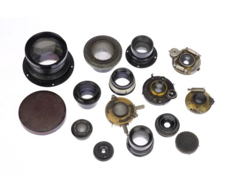 A Collection of Various Camera Lenses, including Ross Xpres f/3.5 1.5", Dallmeyer Wide Angle Anastigmat f/16 5.5", C. P. Goer