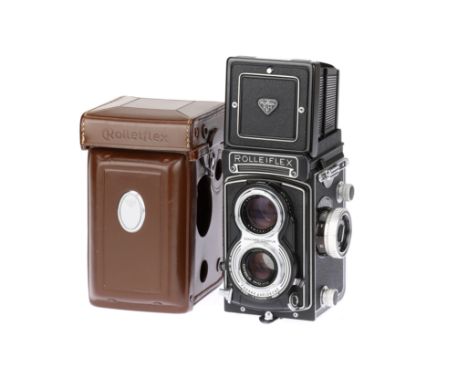 A Rollei Rolleiflex T Medium Format Camera, black, serial no. 2164472, with Carl ZEiss Tessar f/3.5 75mm lens, body, VG-E, sh