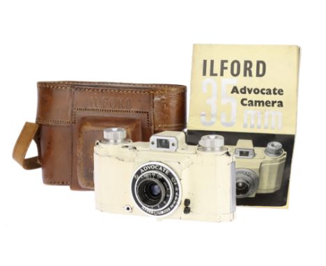 An Ilford Advocate Viewfinder Camera, black face, serial no. 1919W-6550, with Wray London f/3.5 35mm lens, body, F, shutter w