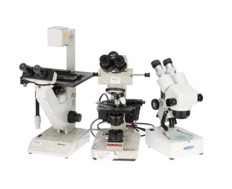 Collection of 3 Binocular Microscopes, including a binocular Nikon Alphaphot YS with 2 Nikon objectives, mechanical stage and