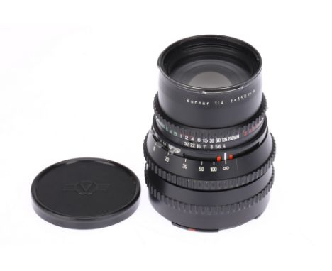 A Carl Zeiss Sonnar T* f/4 150mm Lens, Hasselblad V mount, black, serial no. 6179937, body, G-VG, shutter working, elements, 