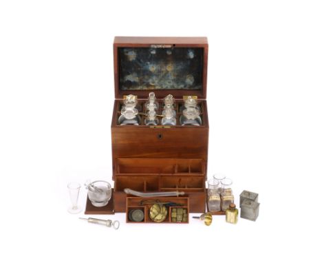 A Good Victorian Domestic Medicine, Chemists Apothecary Cest, English, c.1860, unmarked, the solid mahogany case with brass h