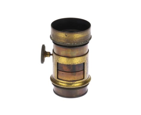 An Unmarked Brass Camera Lens, brass, body G, rack &amp; pinion works well, Waterhouse stops, none present, optics VG, some l